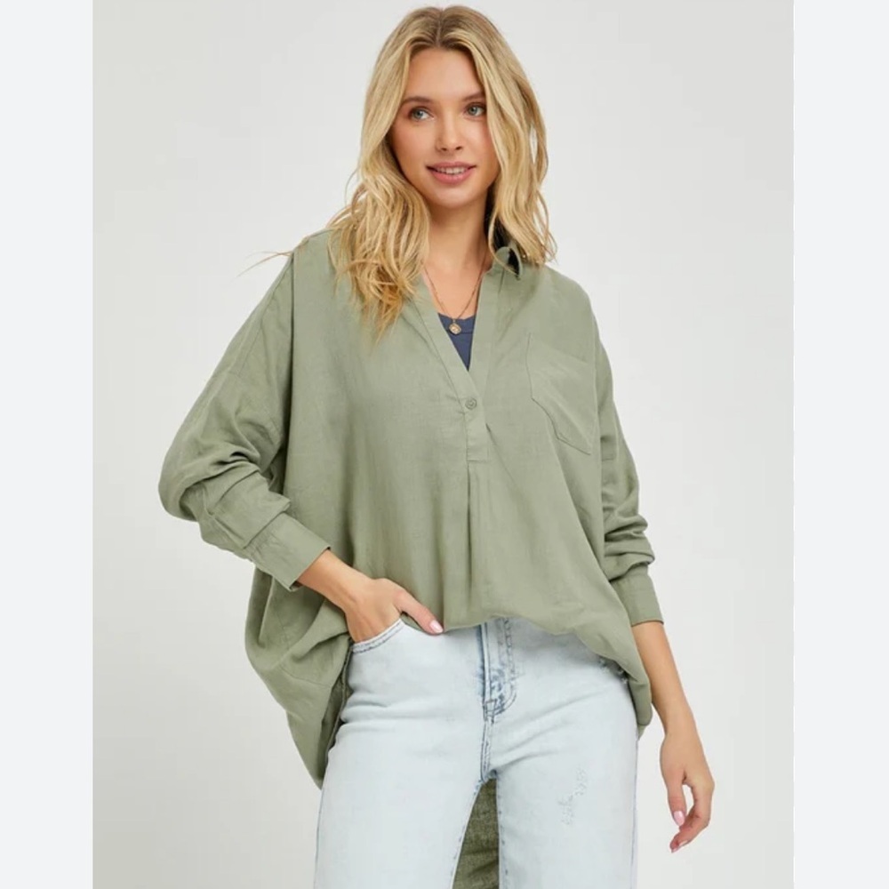Risen,Oversized Viscous/Linen Blend,Buttoned Shirt,Roll & Button Sleeve,Size 2X